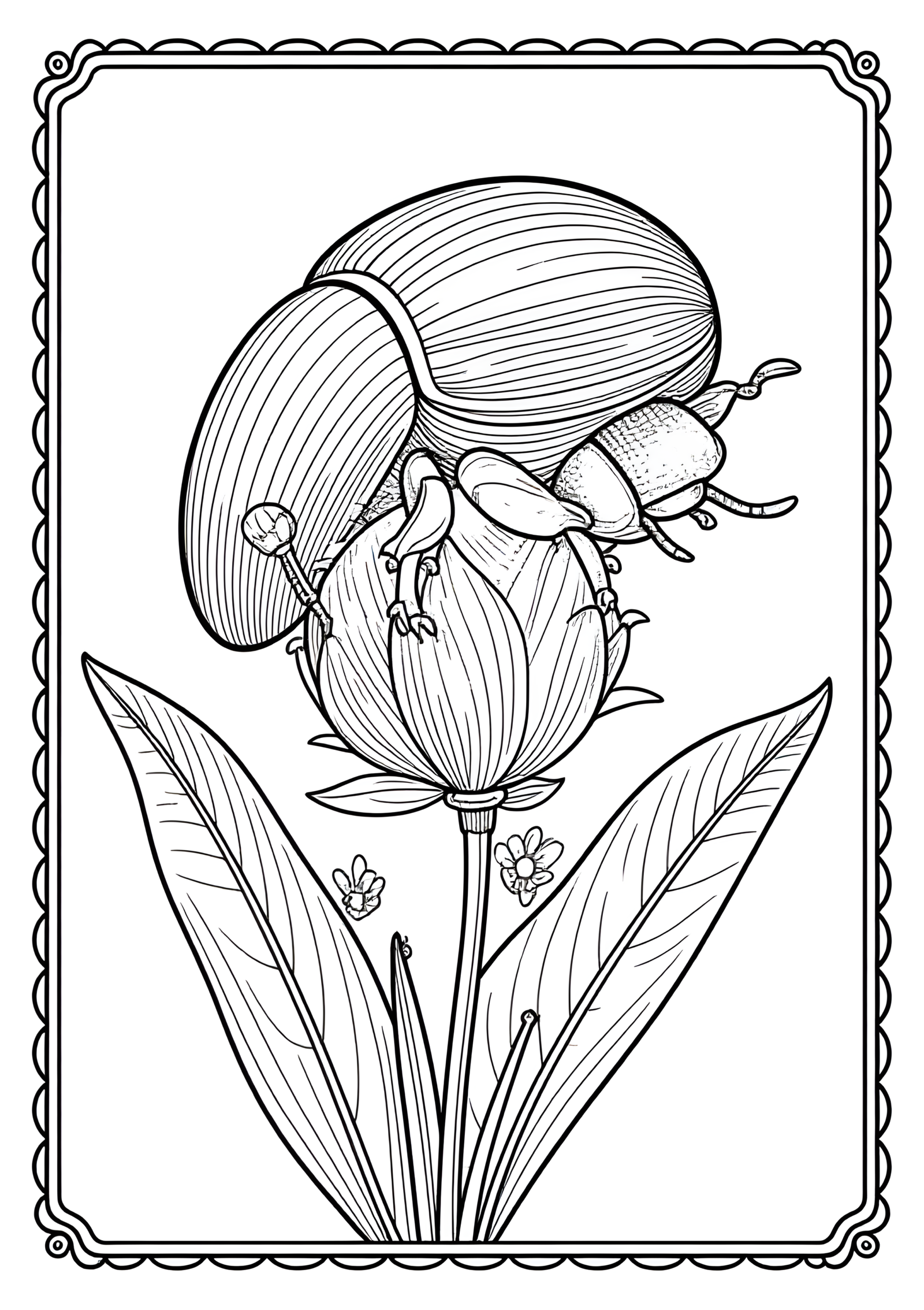 Coloriage Scarabée Rhinocéros Poussant une Boule de Feuille, variante 4