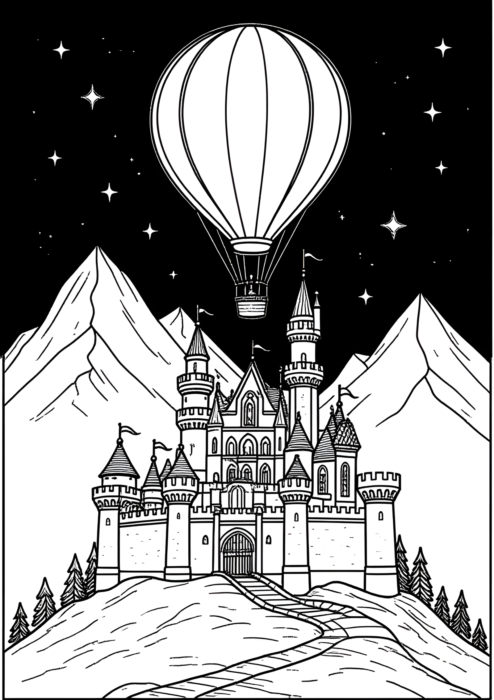 Coloriage Montgolfière au-dessus d’un château, variante 4
