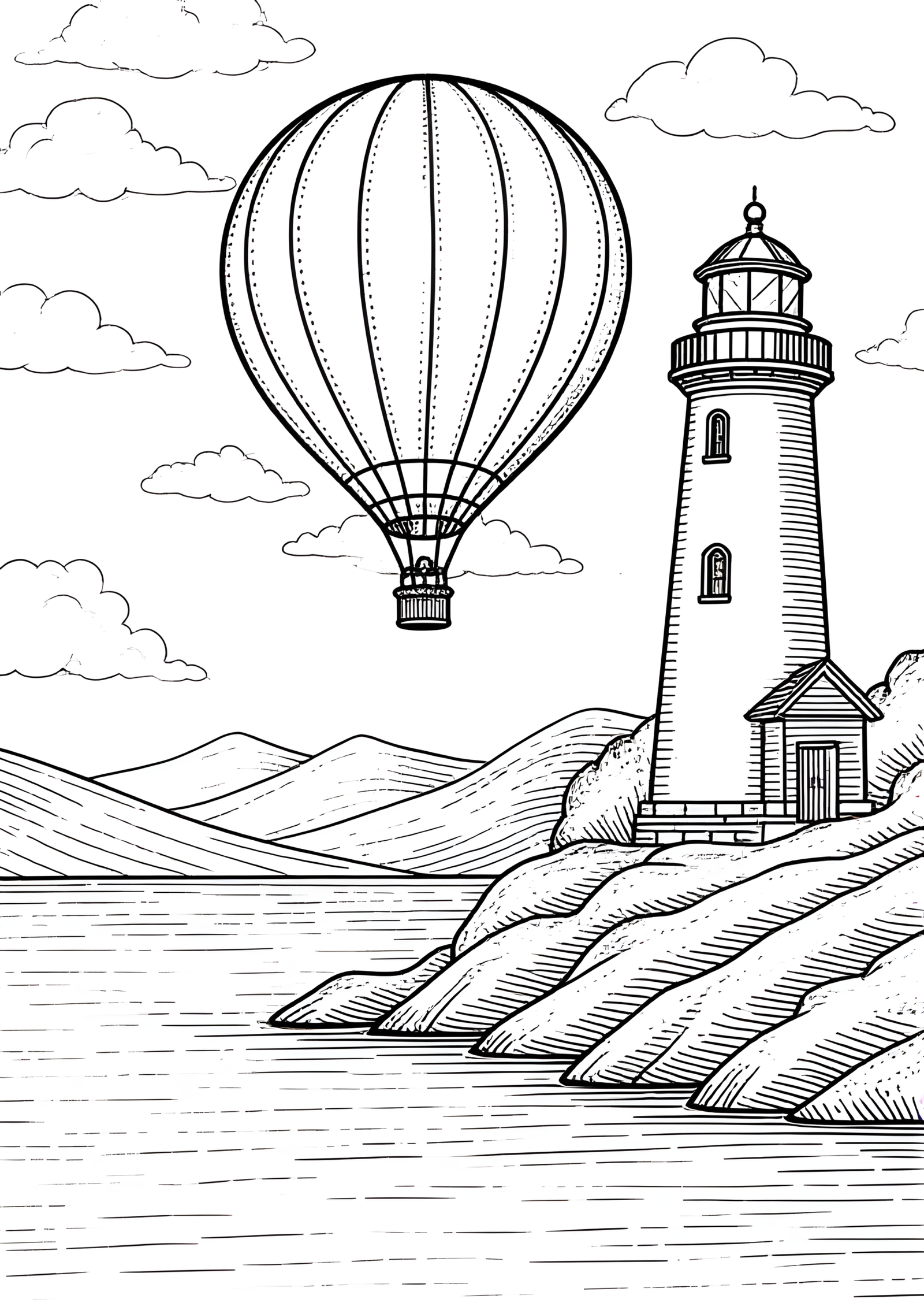 Coloriage Ballon au-dessus d'une falaise à phare, variante 4