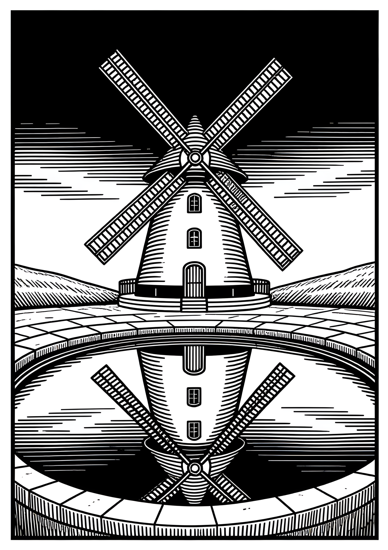 Coloriage Moulin Portugais à Coupole Conique, variante 4