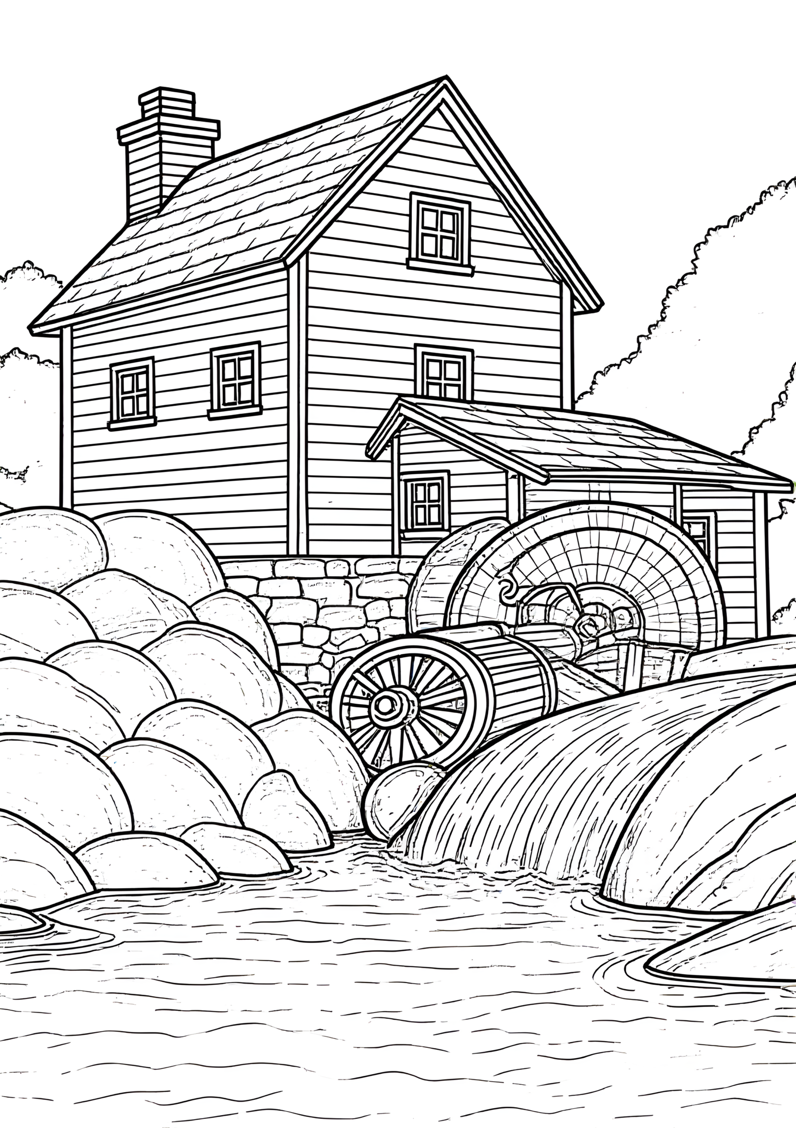 Coloriage Moulin à Eau en Pierre, variante 4