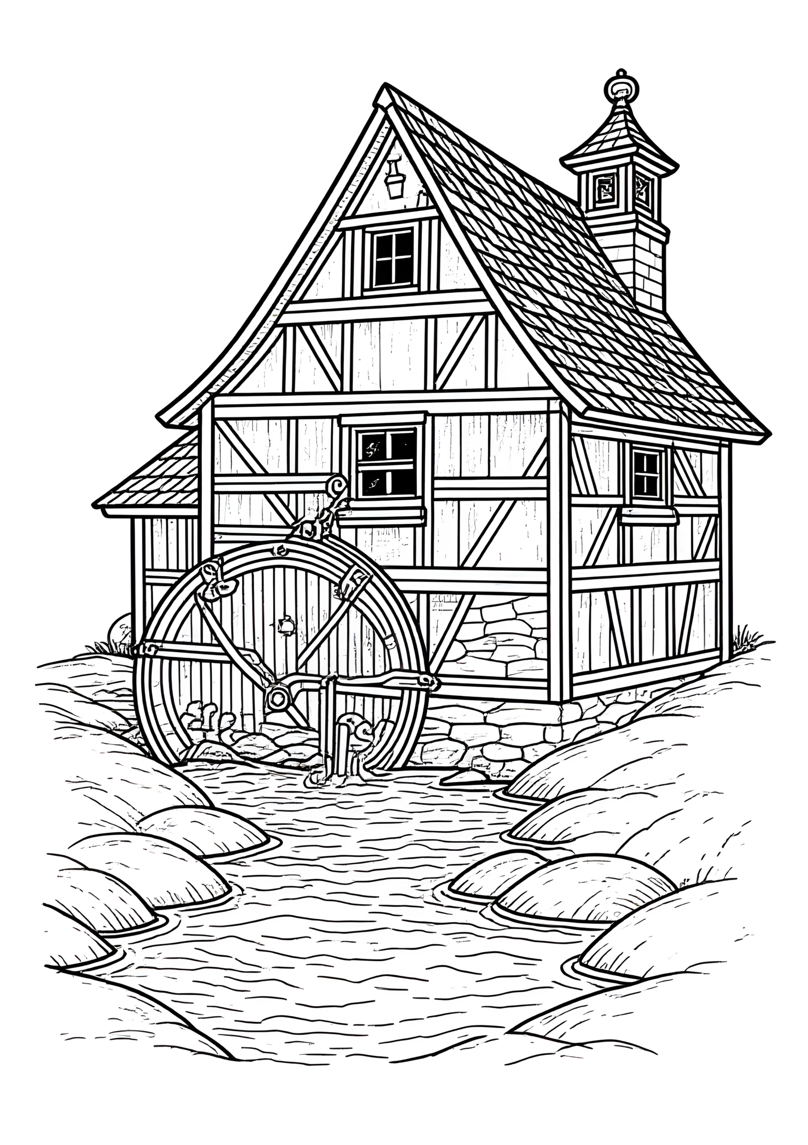 Coloriage Moulin à colombage allemand, variante 4