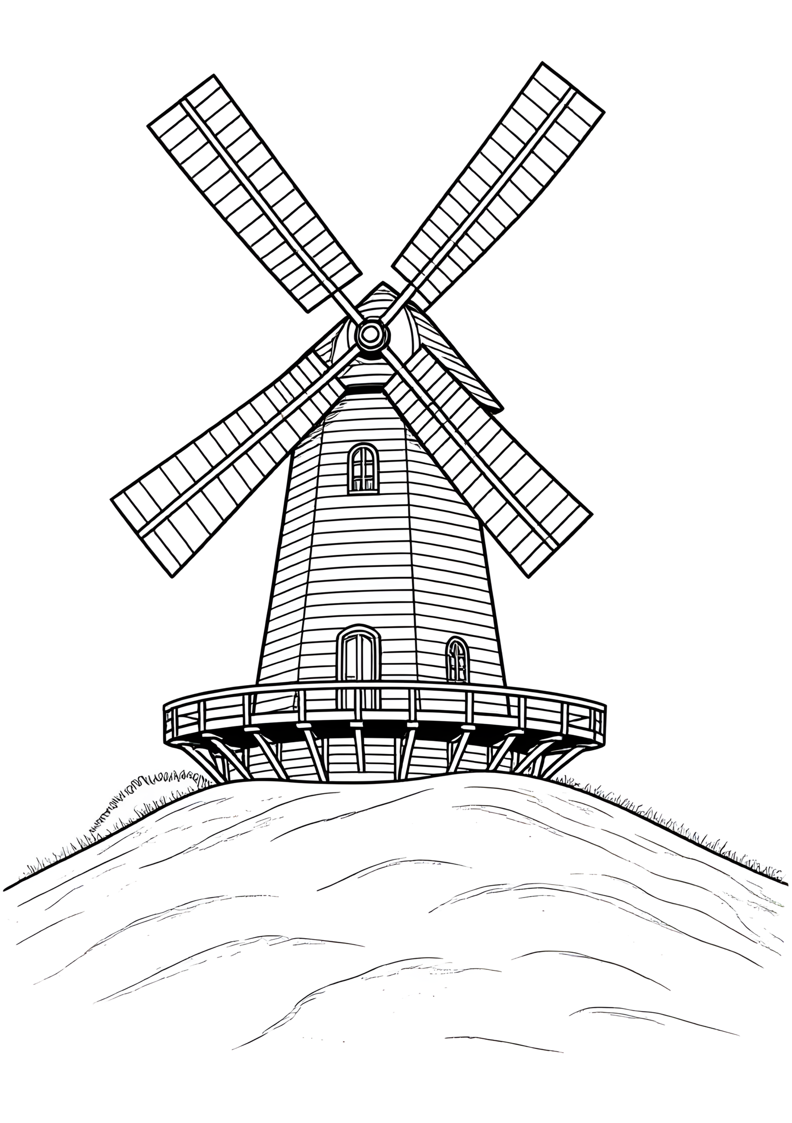 Coloriage Moulin à vent français sur colline, variante 4