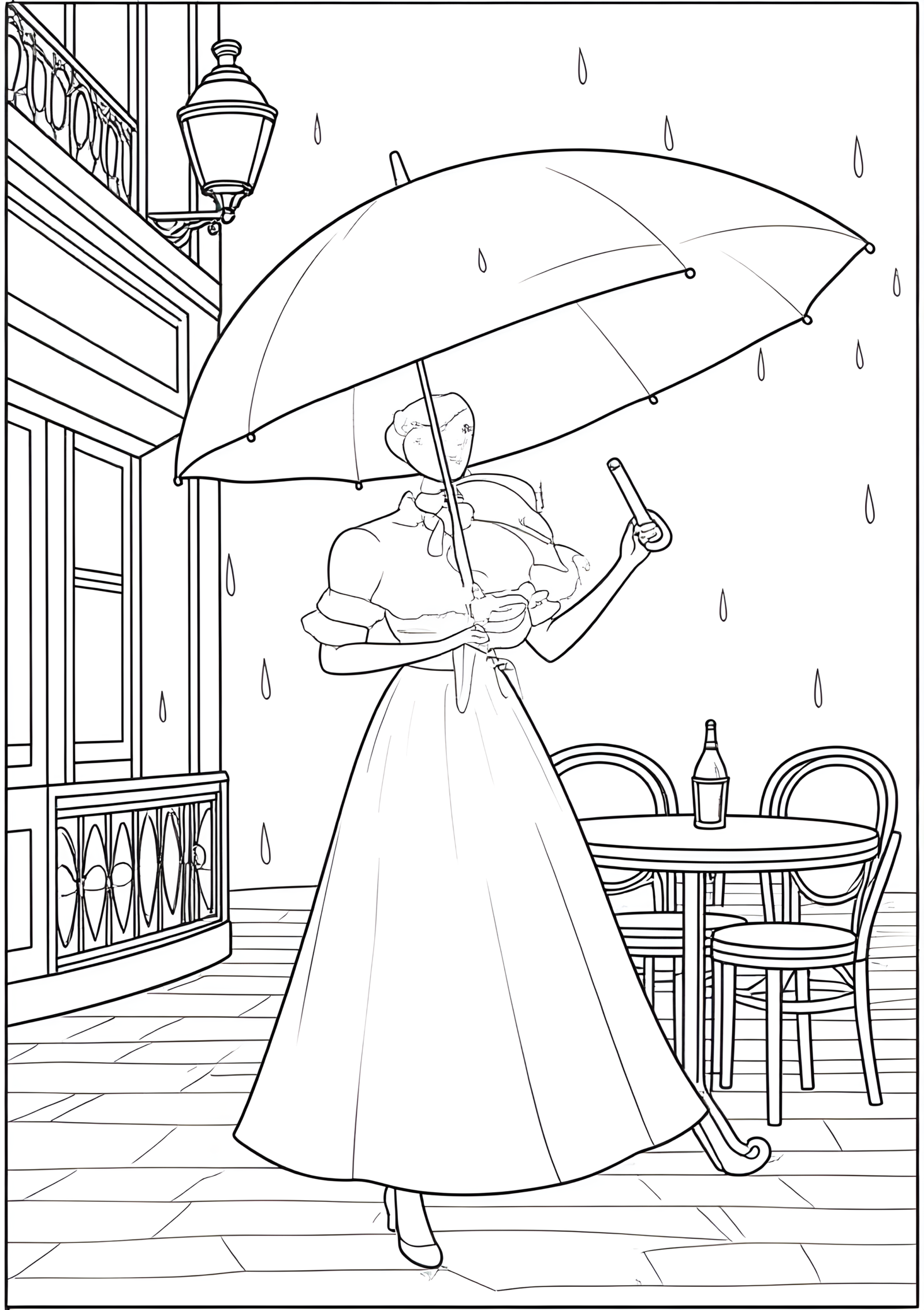 Coloriage Parapluie Parisien Sous la Pluie, variante 4