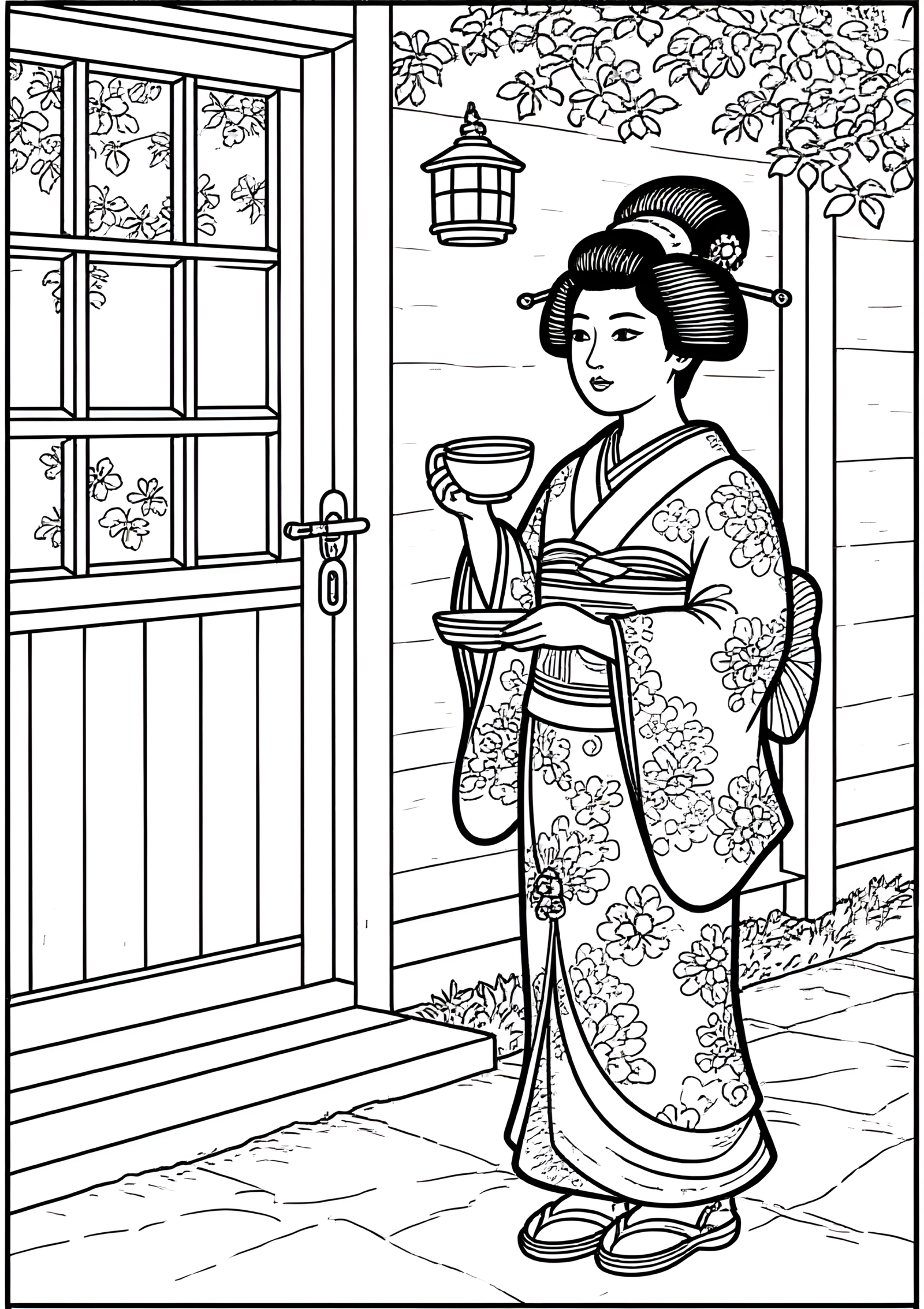 Coloriage Parapluies Japonais Wagasa Devant Une Maison De Thé, variante 4