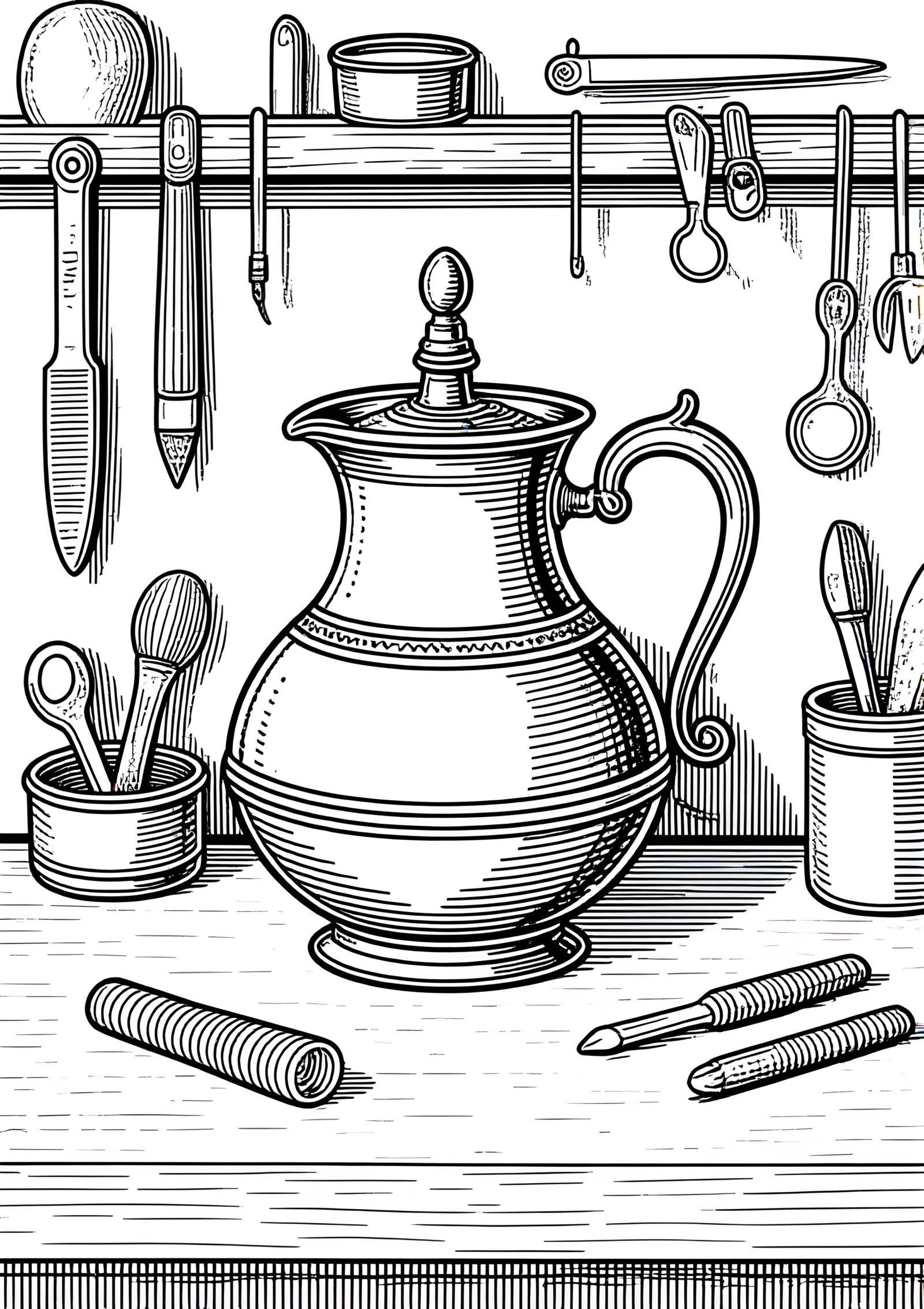 Coloriage atelier d'orfèvrerie aux outils suspendus, variante 4