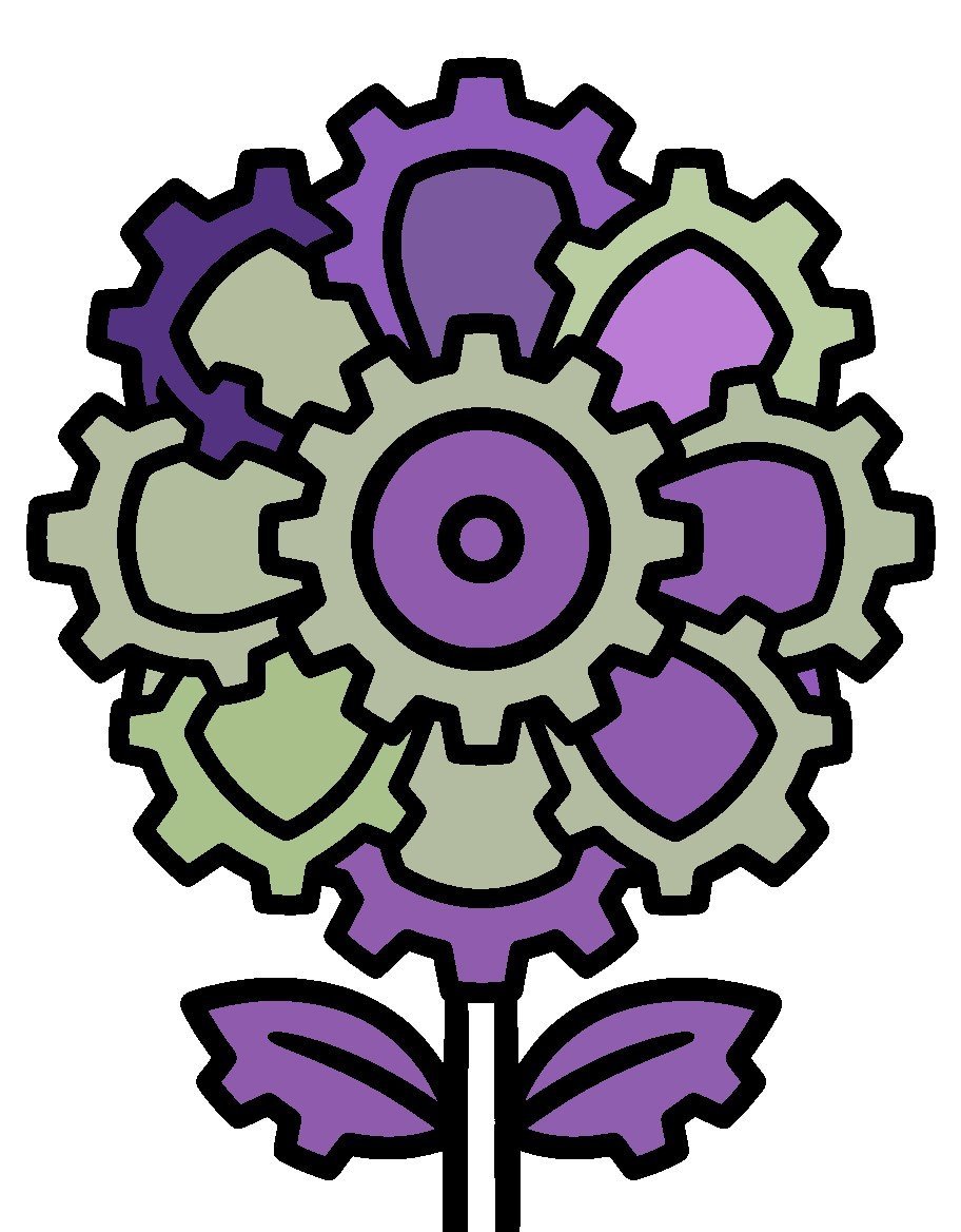 Coloriage botanique fantastique, fleur-engrenage avec les mêmes couleurs réparties différemment entre les zones, effet patchwork