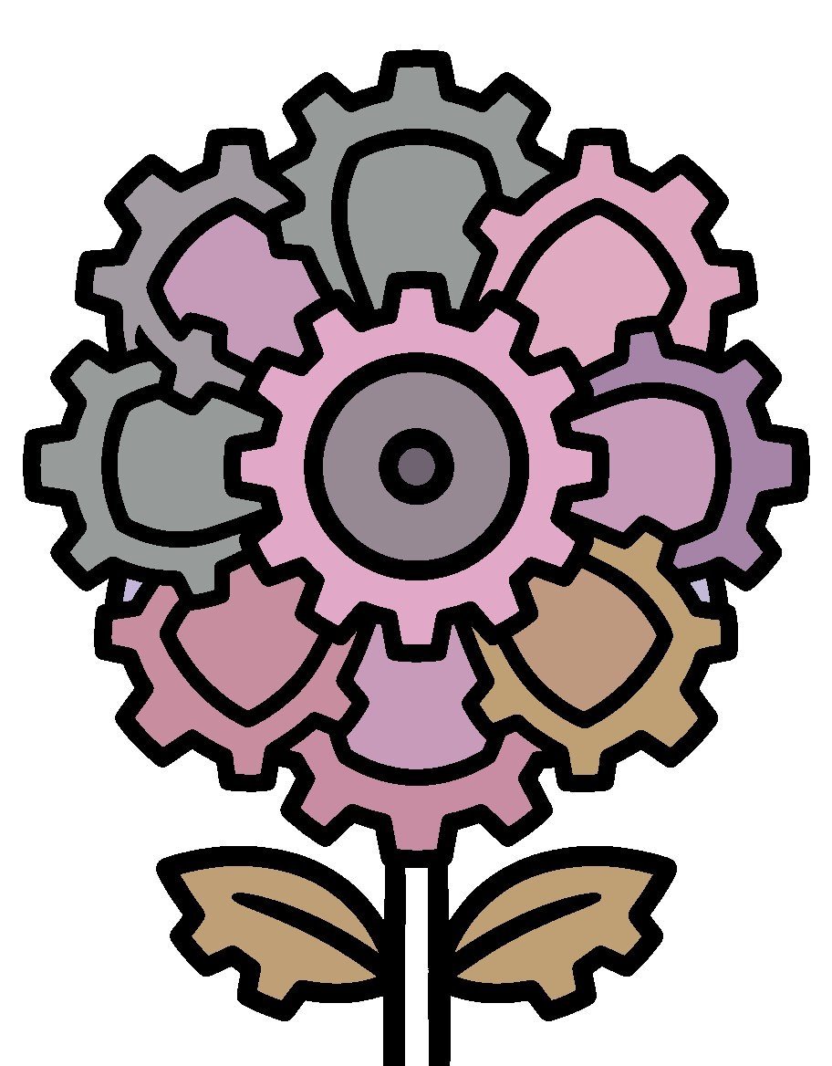 Coloriage botanique fantastique, fleur-engrenage colorisée par IA, palette jaune moutarde et rose poudré, traits noirs nets