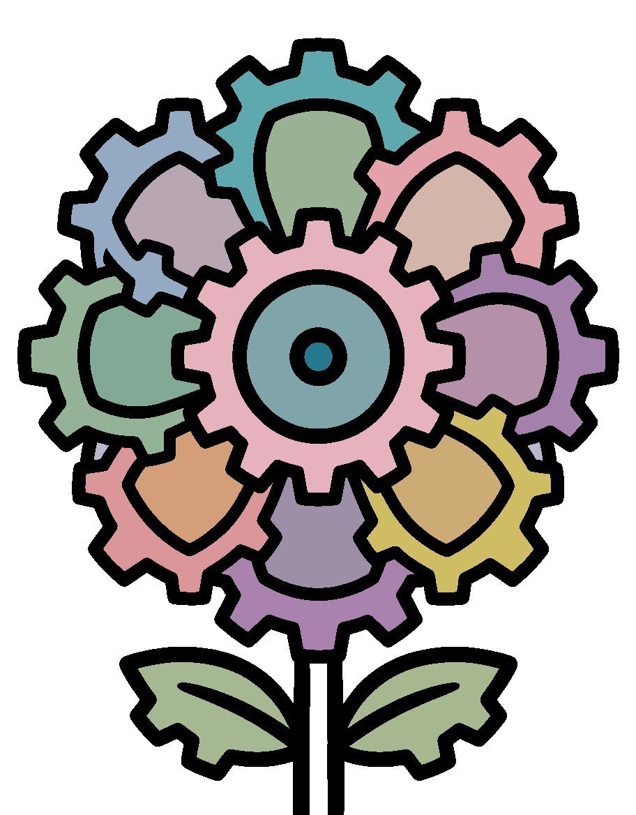 Coloriage botanique fantastique, fleur-engrenage colorisée par IA, palette de départ mêlant teintes pastel froides et chaudes, traits noirs nets