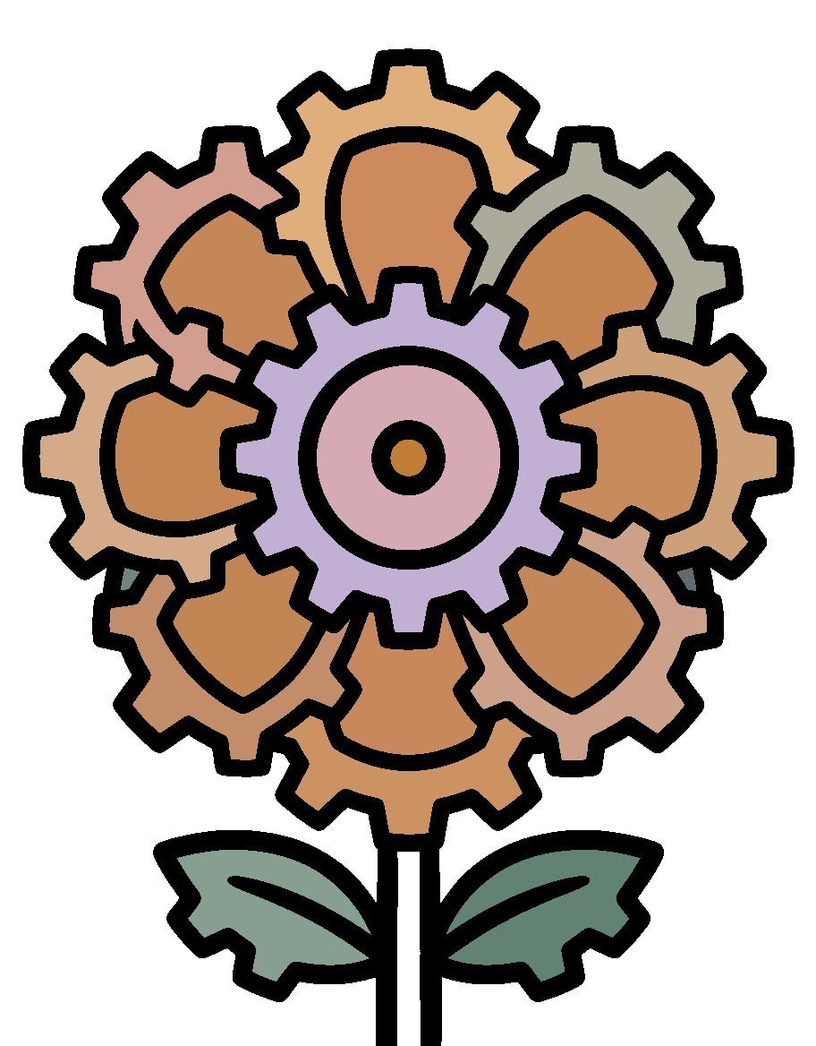 Coloriage botanique fantastique, fleur-engrenage colorisée par IA, palette terracotta et ocre doré, traits noirs nets
