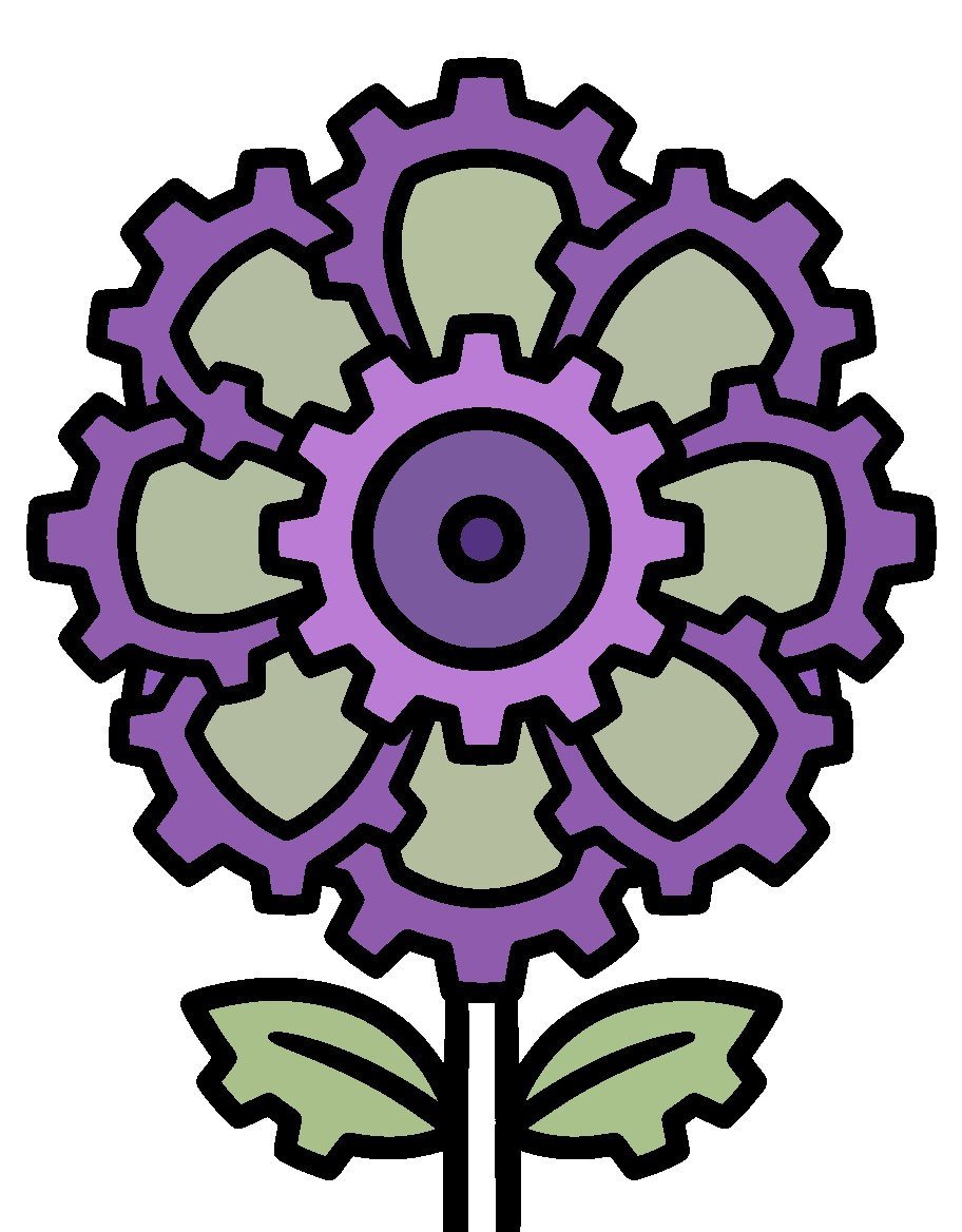Coloriage botanique fantastique, fleur-engrenage colorisée par IA, palette violet profond et vert sauge, traits noirs nets