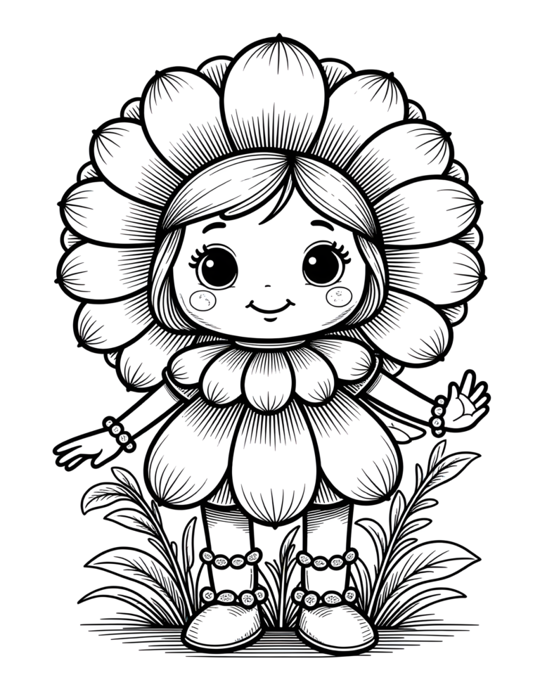 Coloriage fleur qui salue, en robe de pétales à imprimer