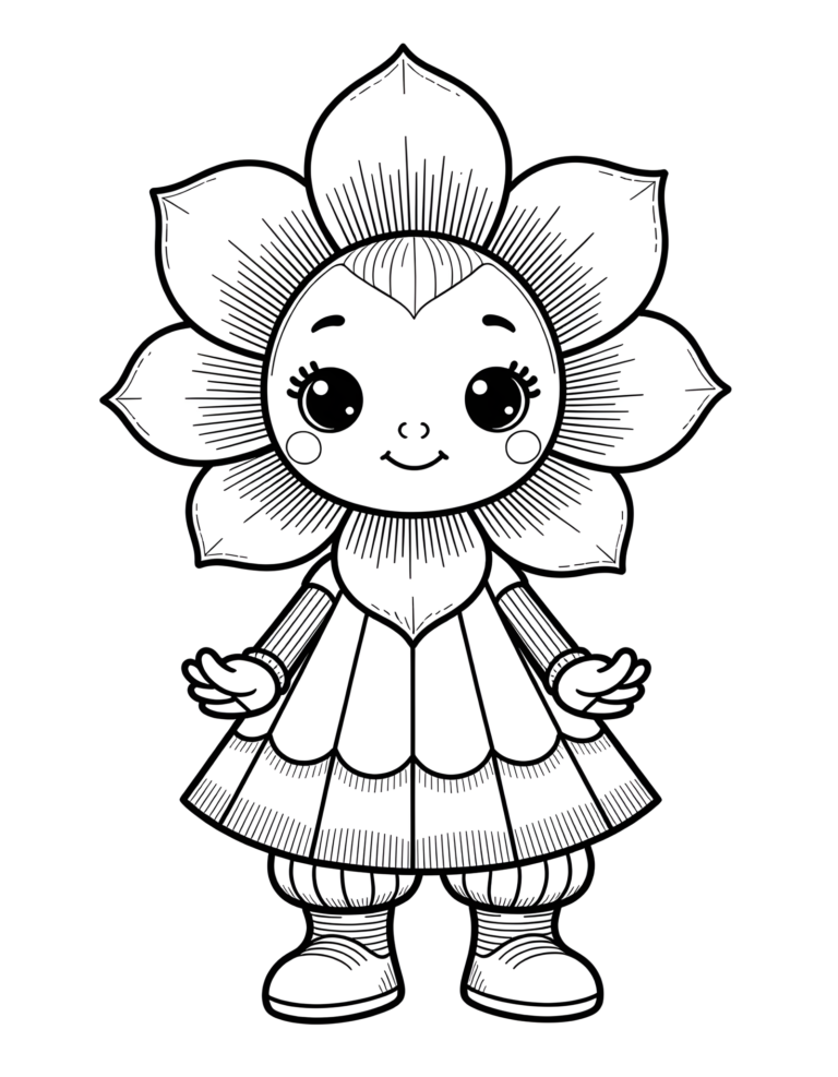 Coloriage magnolia en robe et bottines à imprimer