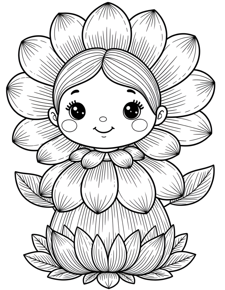 Coloriage fleur épanouie en robe florale à imprimer