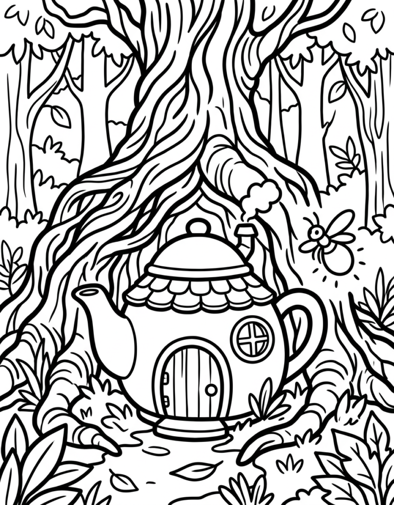 Coloriage maison-théière au pied d&rsquo;un arbre