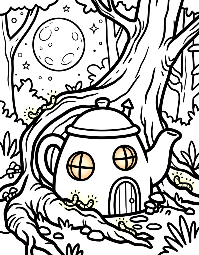 Coloriage maison-théière sous la pleine lune