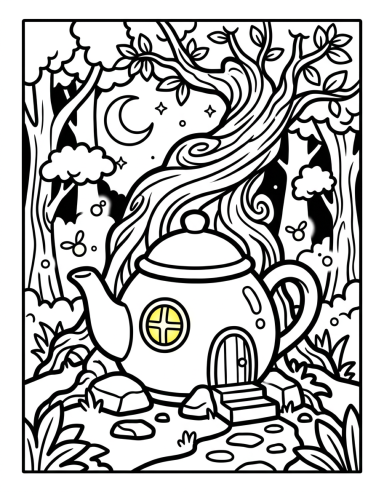 Coloriage maison-théière au clair de lune