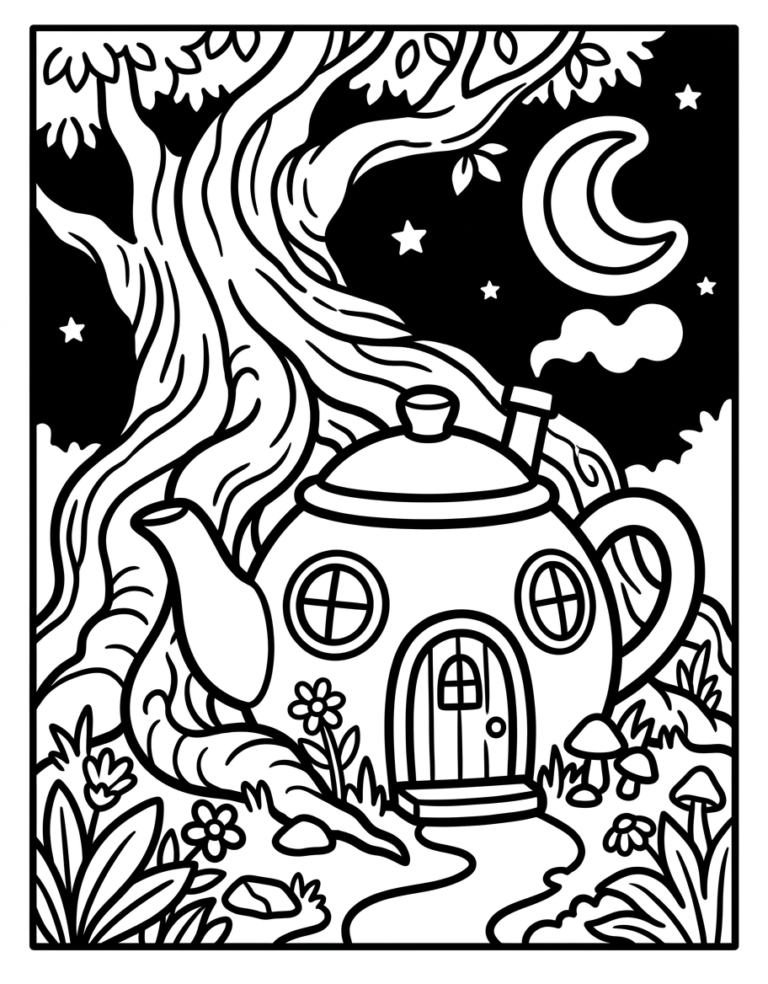 Coloriage maison-théière au bord du ruisseau