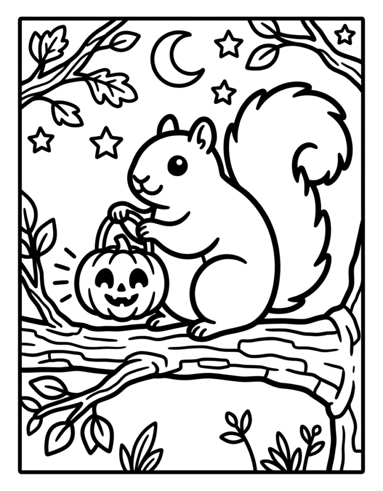 Coloriage écureuil et citrouille d&rsquo;Halloween