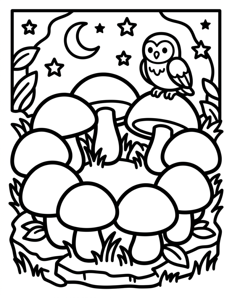 Coloriage chouette sur des champignons à imprimer