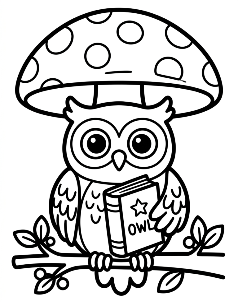 Coloriage hibou lecteur sous un champignon