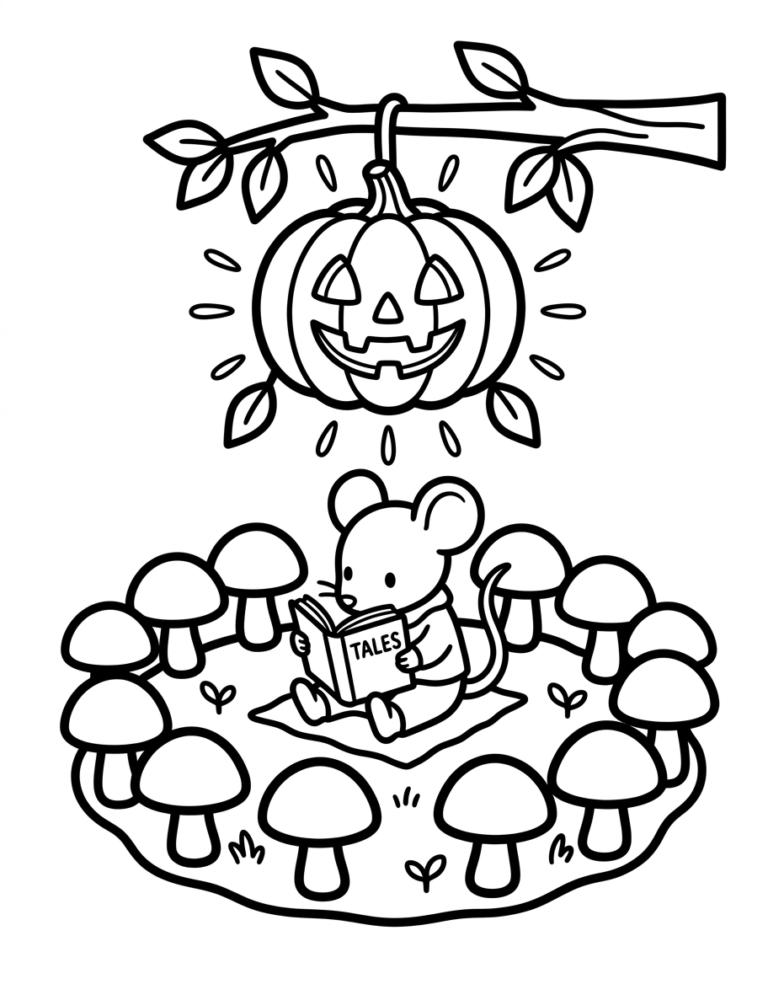 Coloriage souris dans un cercle de champignons