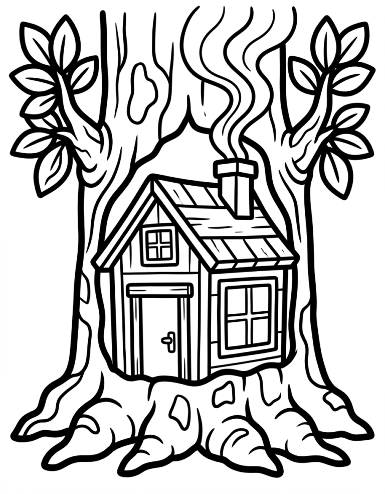 Coloriage cabane dans un tronc d’arbre à imprimer