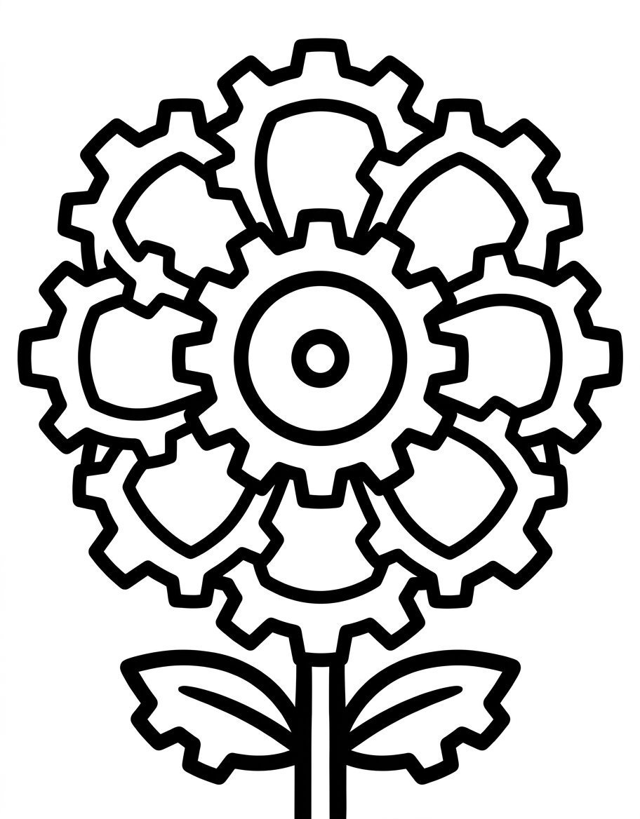 Coloriage botanique fantastique en noir et blanc, fleur-engrenage, traits nets sur fond blanc