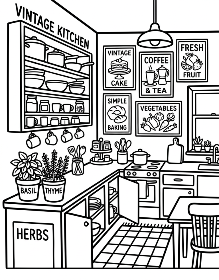 La cuisine des délices d&rsquo;antan — coloriage intérieur maximaliste