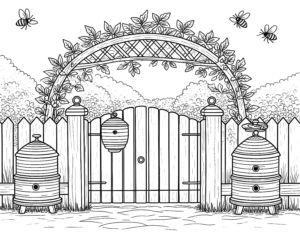 Coloriage jardin anglais aux herbes et abeilles