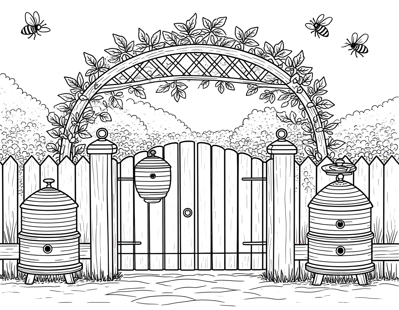 Coloriage jardin anglais aux herbes et abeilles, variante 1