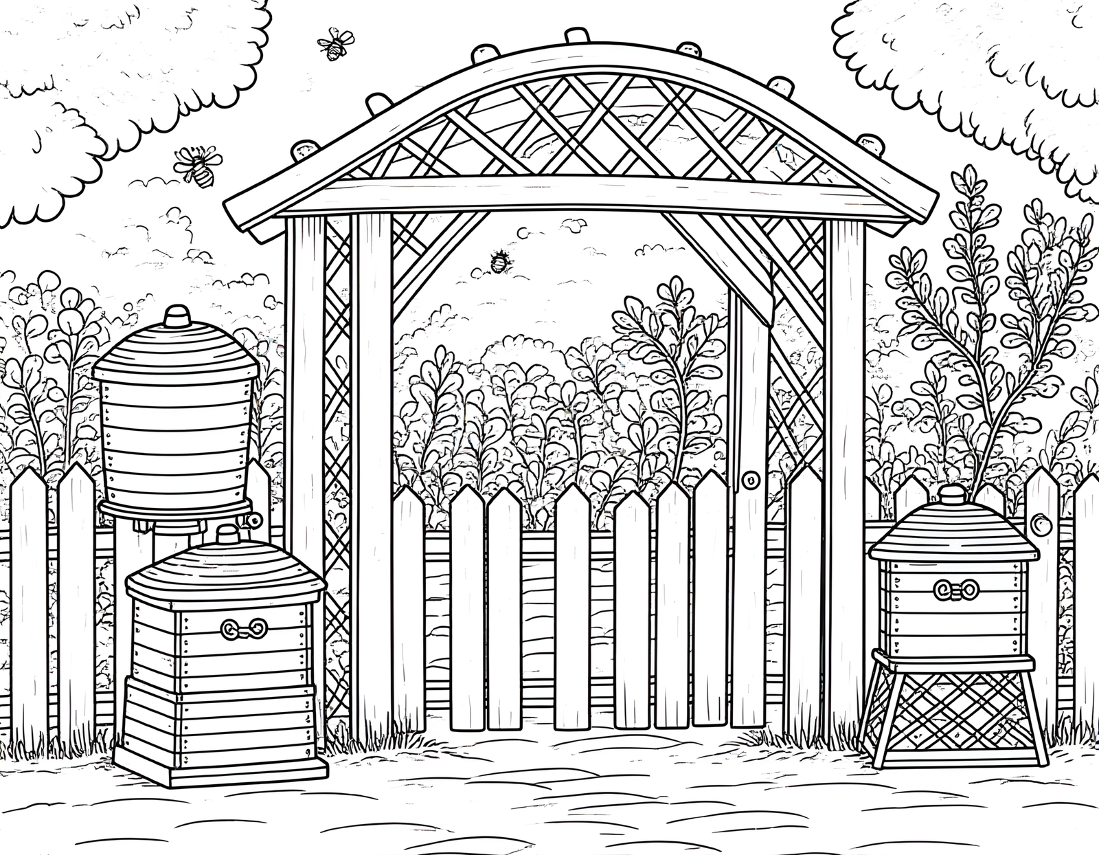 Coloriage jardin anglais aux herbes et abeilles, variante 2