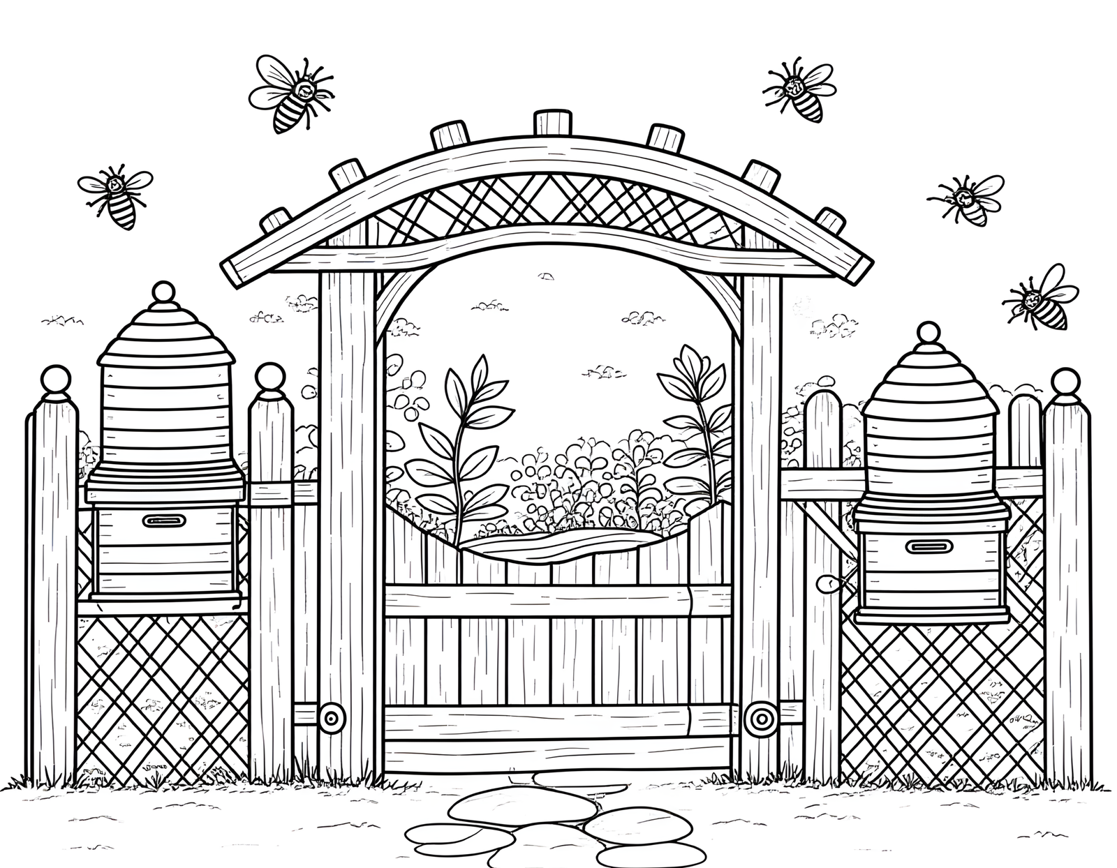 Coloriage jardin anglais aux herbes et abeilles, variante 3