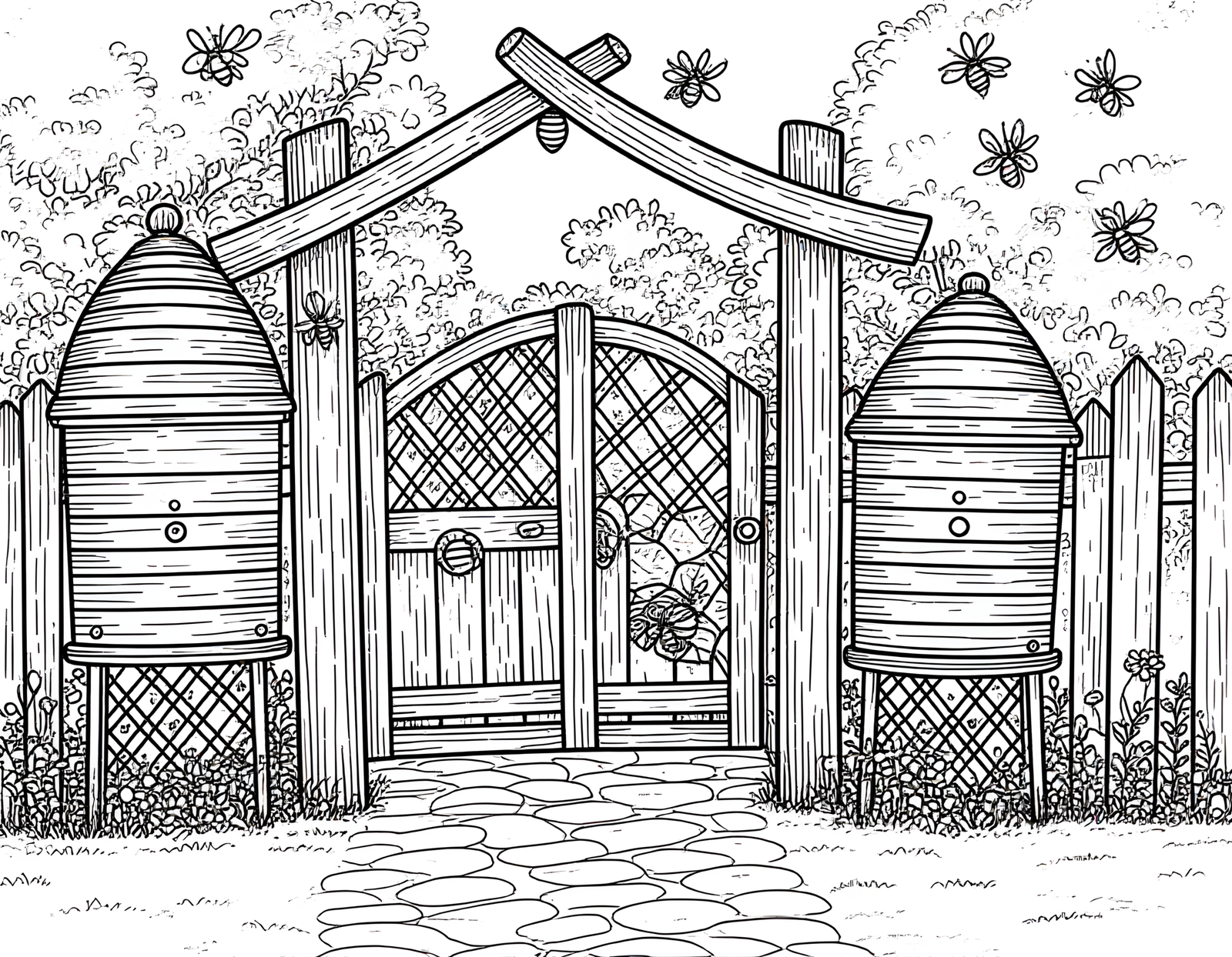Coloriage jardin anglais aux herbes et abeilles, variante 4