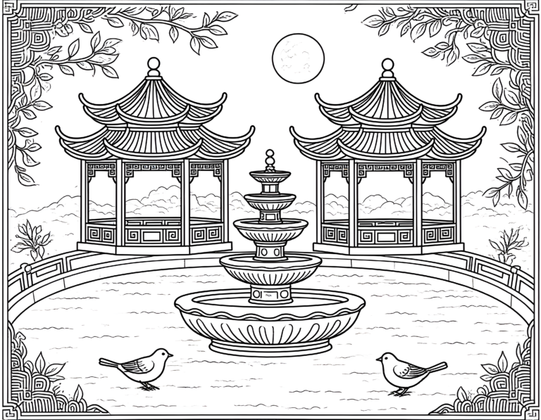 Coloriage jardin chinois savant et paisible, variante 1