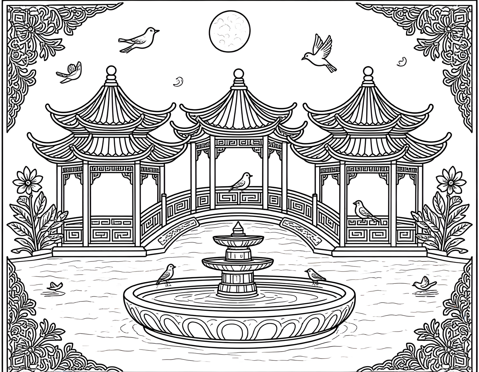 Coloriage jardin chinois savant et paisible, variante 2