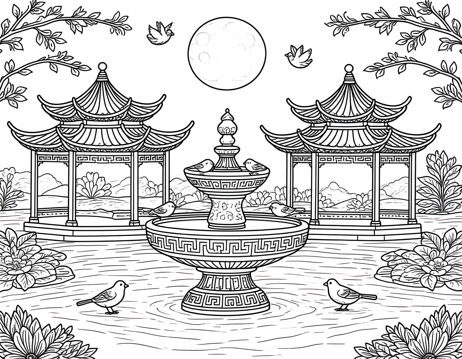 Coloriage jardin chinois savant et paisible, variante 3