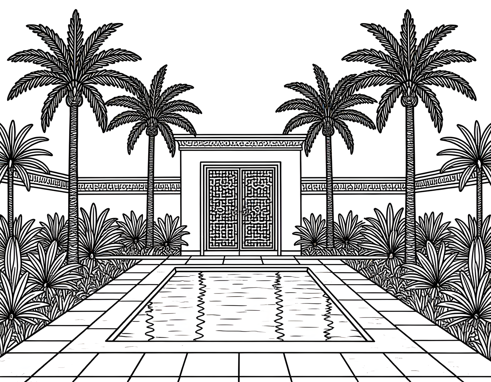 Coloriage jardin egyptien ancien palmeraies, variante 2