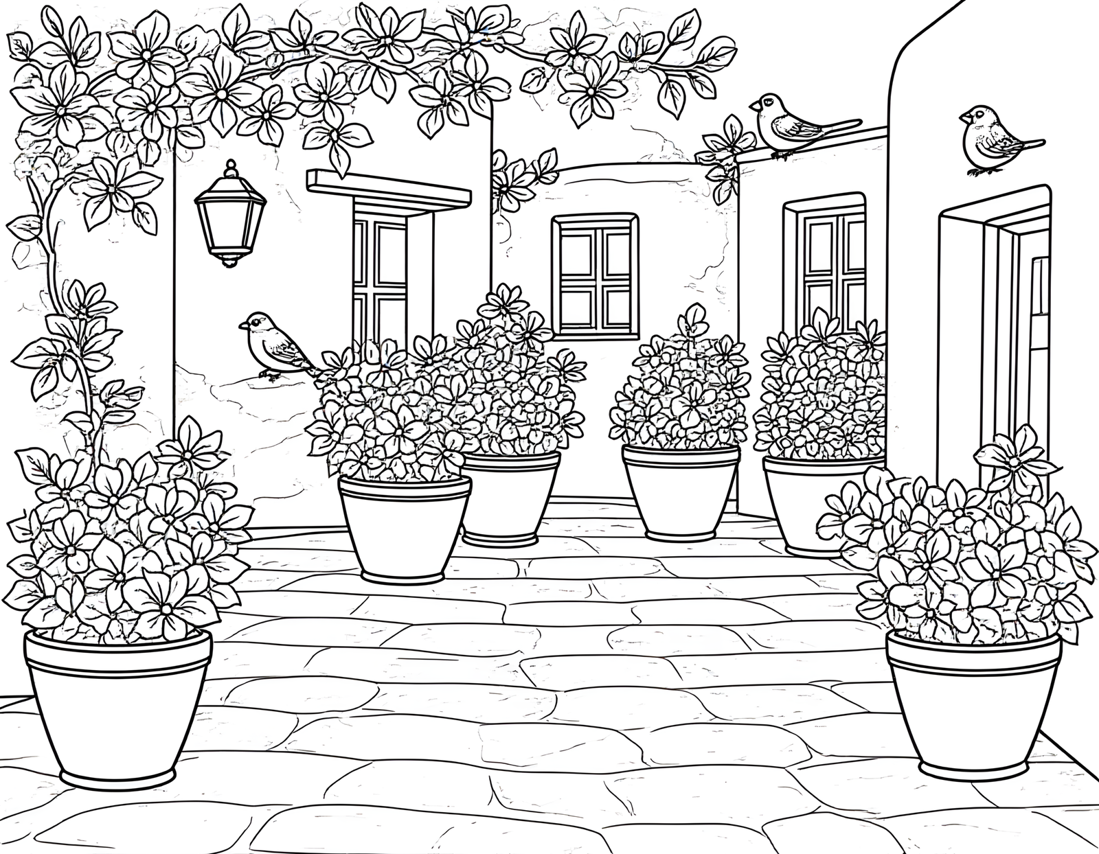 Coloriage jardin grec aux bougainvilliers blanchis, variante 1