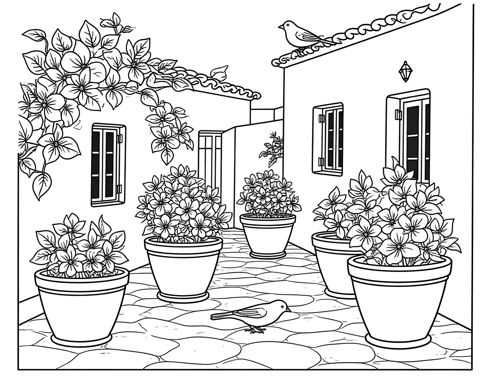 Coloriage jardin grec aux bougainvilliers blanchis, variante 3