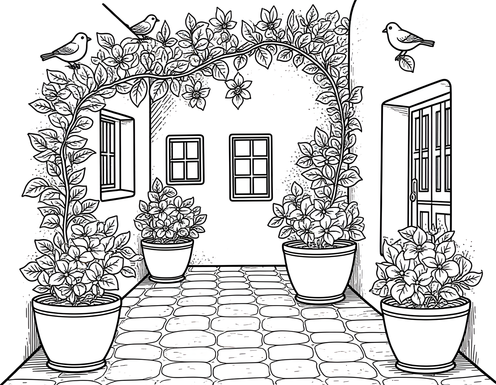 Coloriage jardin grec aux bougainvilliers blanchis, variante 4