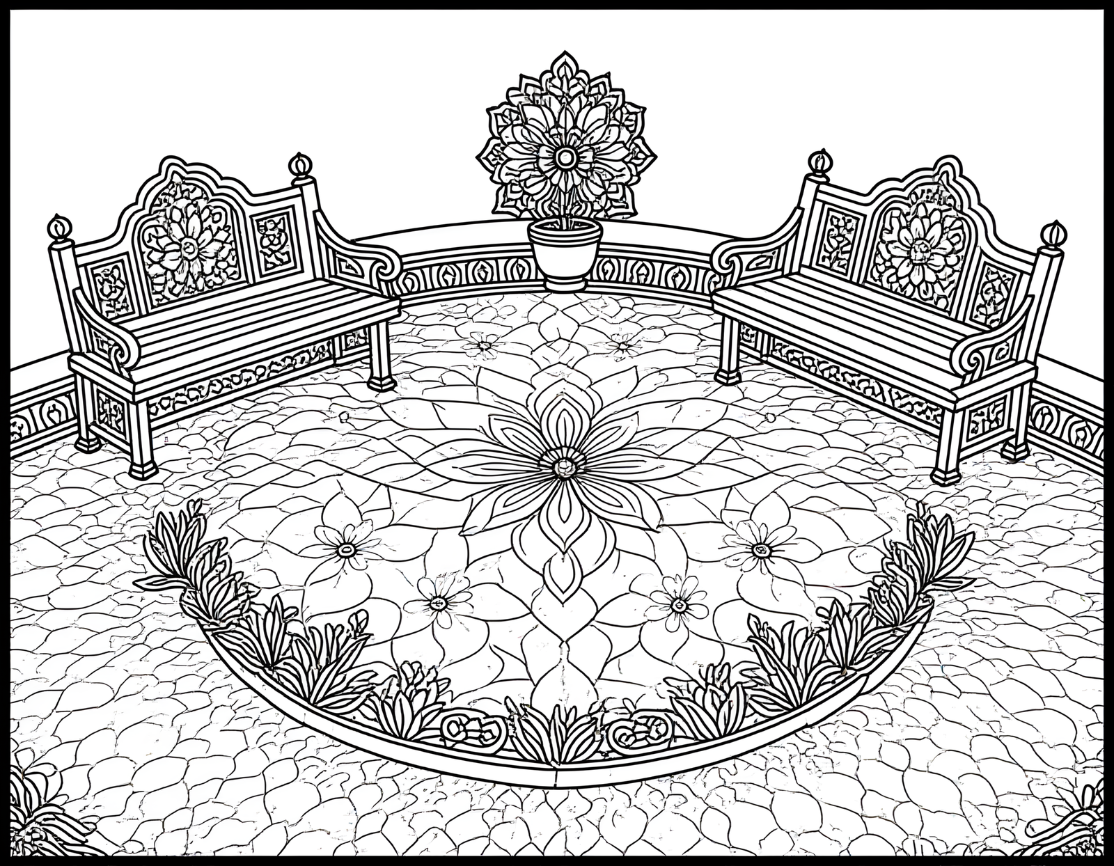 Coloriage jardin mughal indien aux roses, variante 2