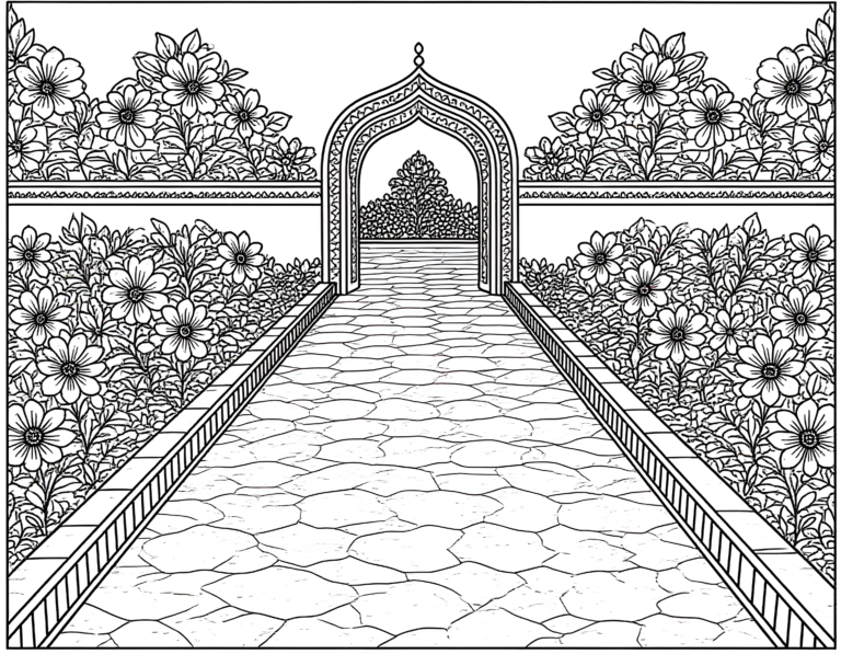 Coloriage jardin mughal indien roses geometriques, variante 1