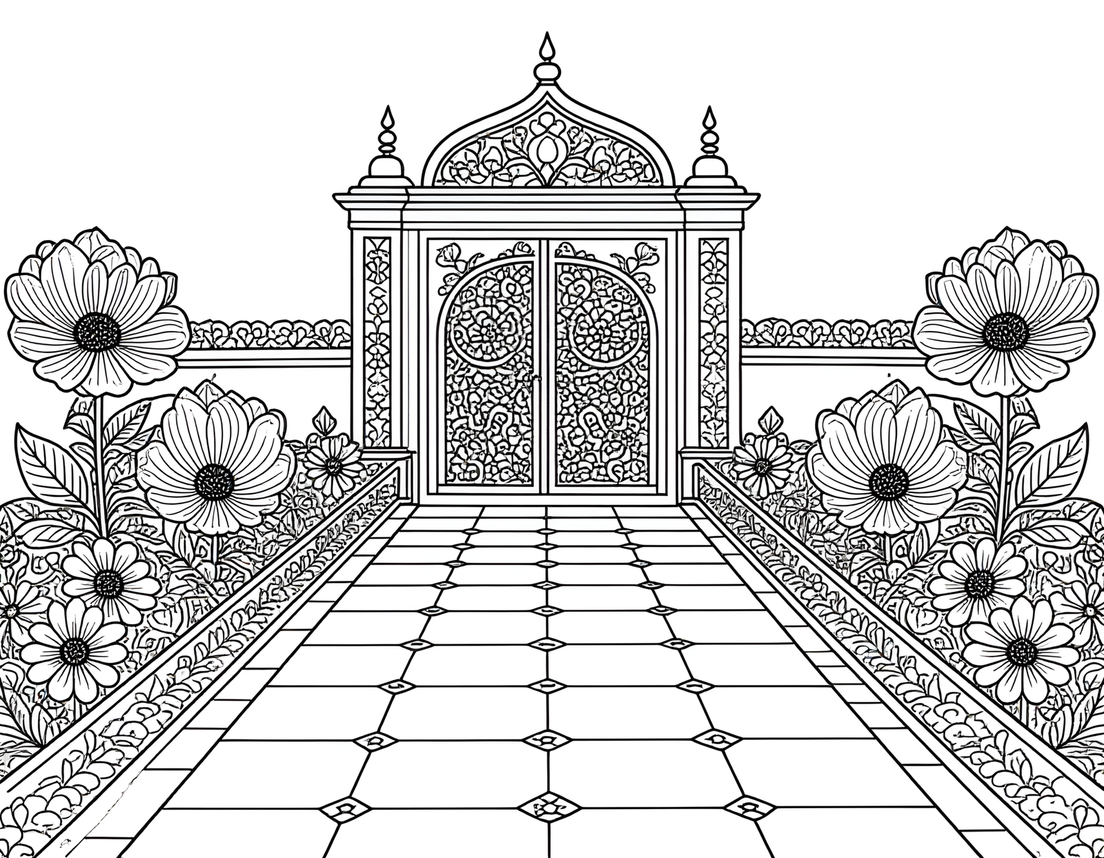 Coloriage jardin mughal indien roses geometriques, variante 4