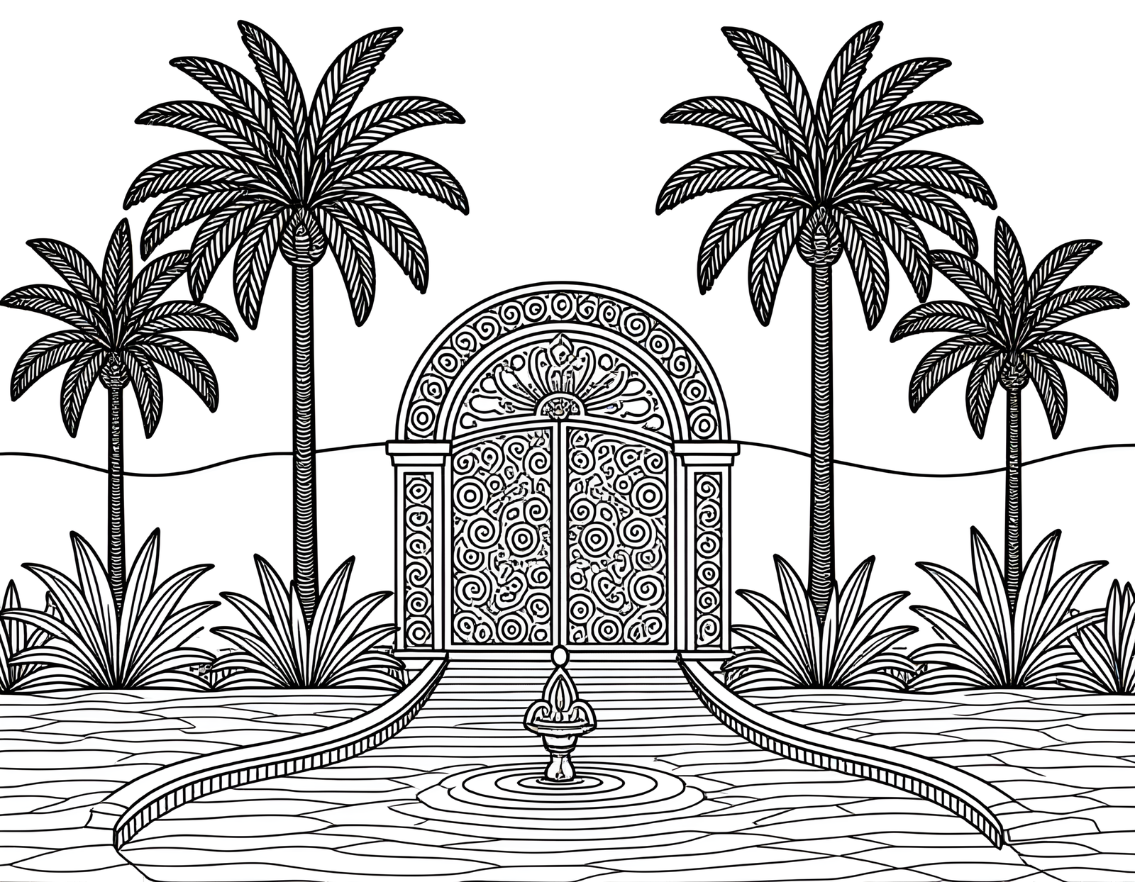 Coloriage jardin oasis marocain palmeraie decorative, variante 3