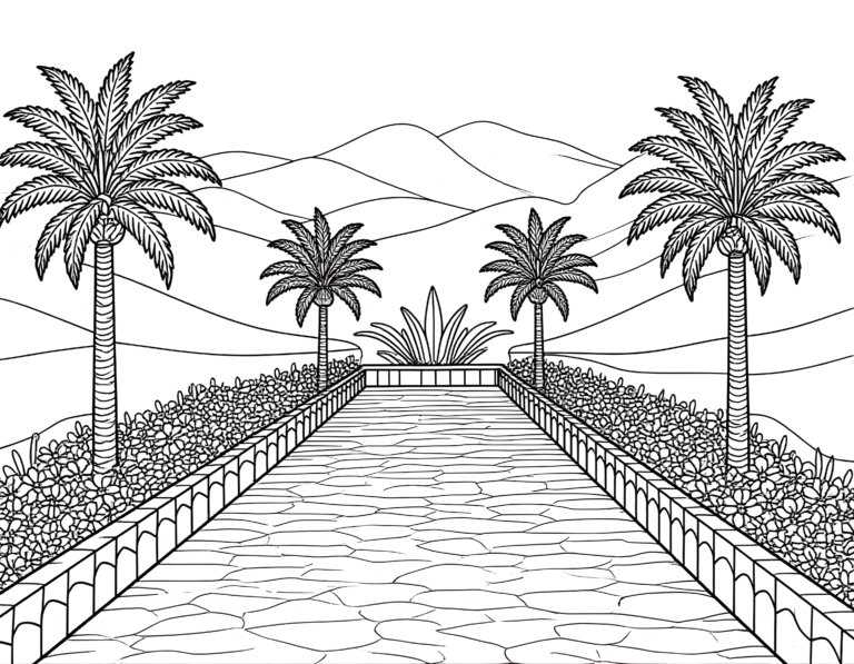 Coloriage jardin oasis marocain palmeraies fleuries, variante 1