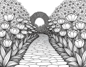 Coloriage jardin tulipes neerlandaises chemin pierreux