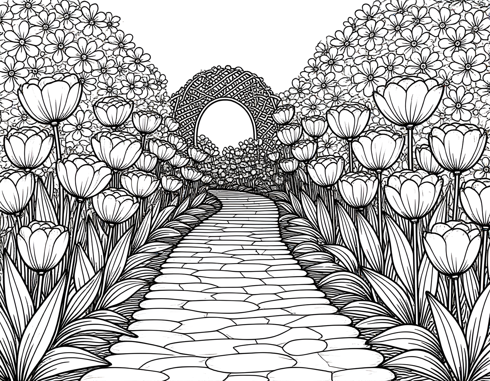 Coloriage jardin tulipes neerlandaises chemin pierreux, variante 1