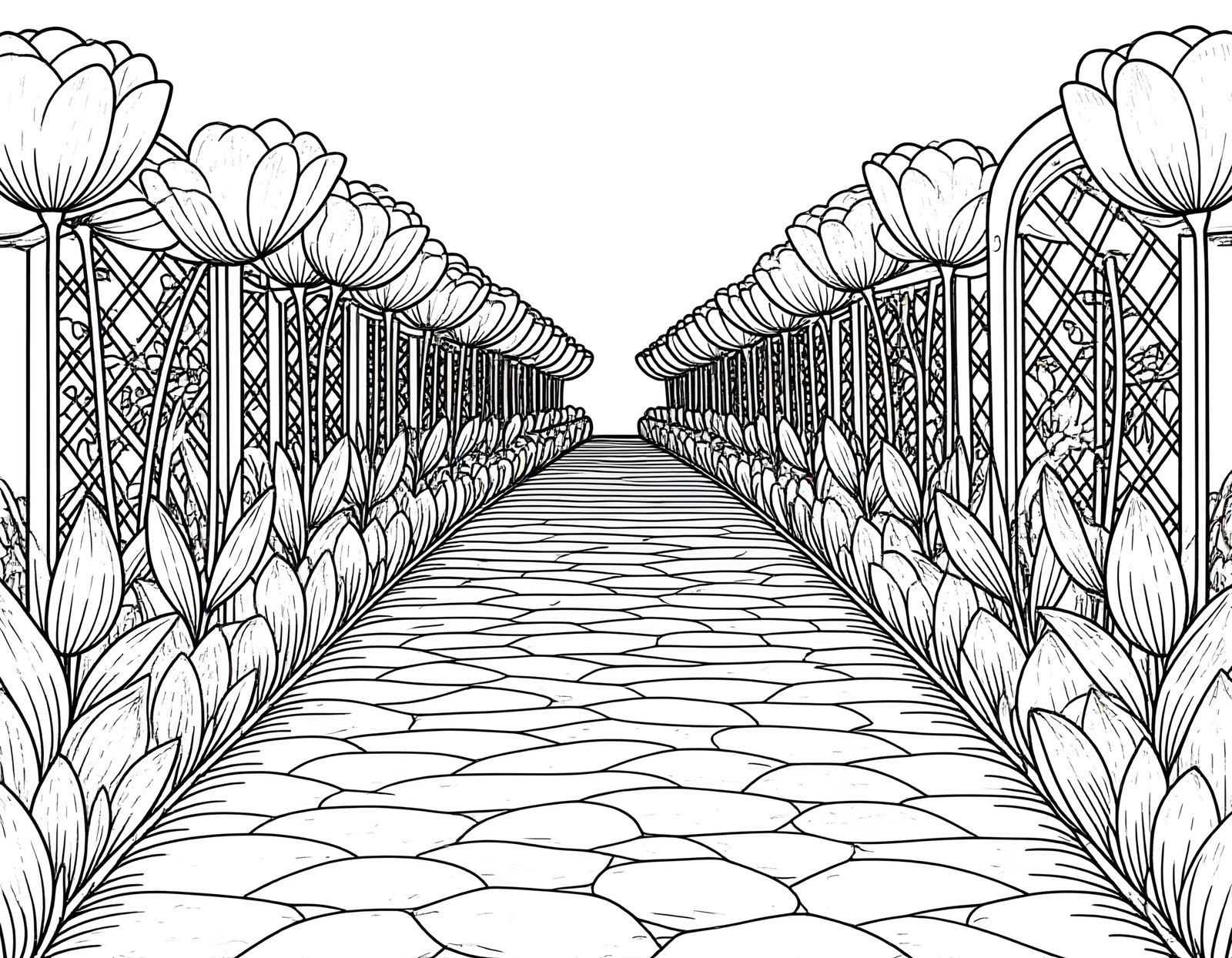 Coloriage jardin tulipes neerlandaises chemin pierreux, variante 2