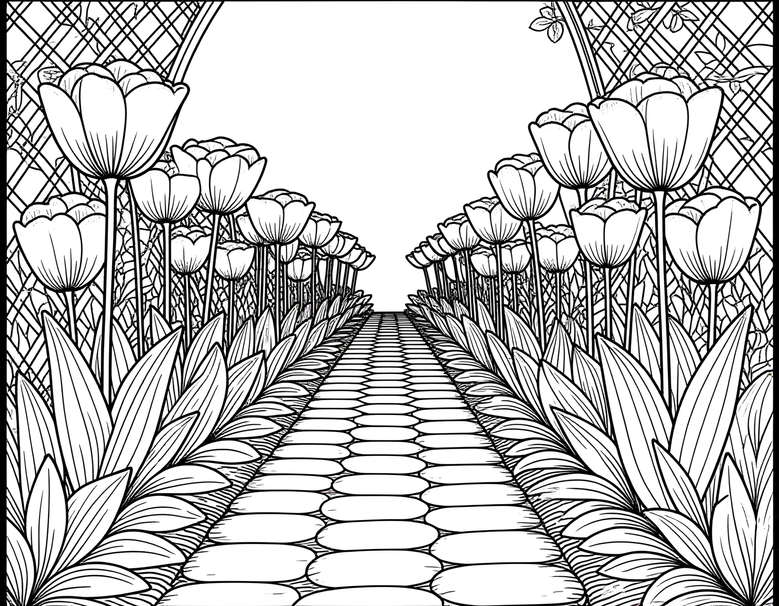 Coloriage jardin tulipes neerlandaises chemin pierreux, variante 3